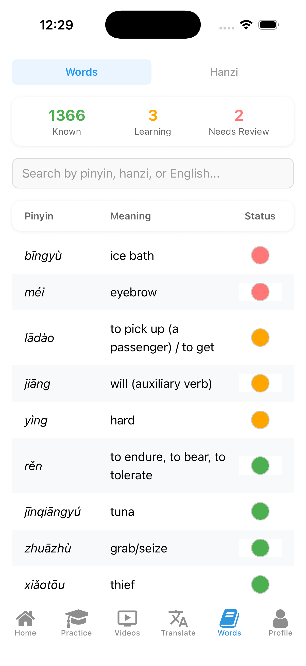Words page showing all tracked vocabulary